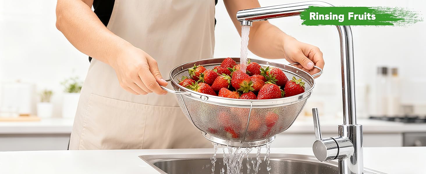 5 Pack 18/8 Stainless Steel Colander Sieves, Multi Size Mesh Strainer Net Baskets with Handles & Resting Base for Strain, Drain, Rinse or Steam