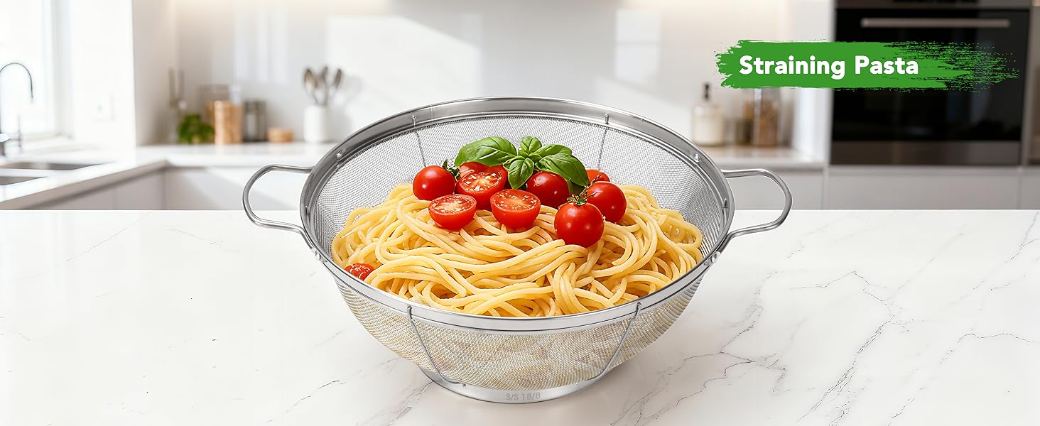 5 Pack 18/8 Stainless Steel Colander Sieves, Multi Size Mesh Strainer Net Baskets with Handles & Resting Base for Strain, Drain, Rinse or Steam