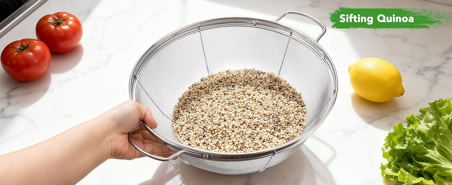 5 Pack 18/8 Stainless Steel Colander Sieves, Multi Size Mesh Strainer Net Baskets with Handles & Resting Base for Strain, Drain, Rinse or Steam