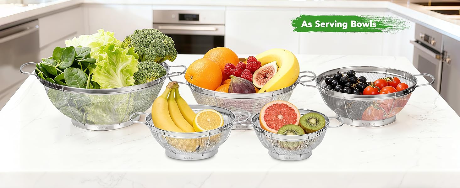5 Pack 18/8 Stainless Steel Colander Sieves, Multi Size Mesh Strainer Net Baskets with Handles & Resting Base for Strain, Drain, Rinse or Steam