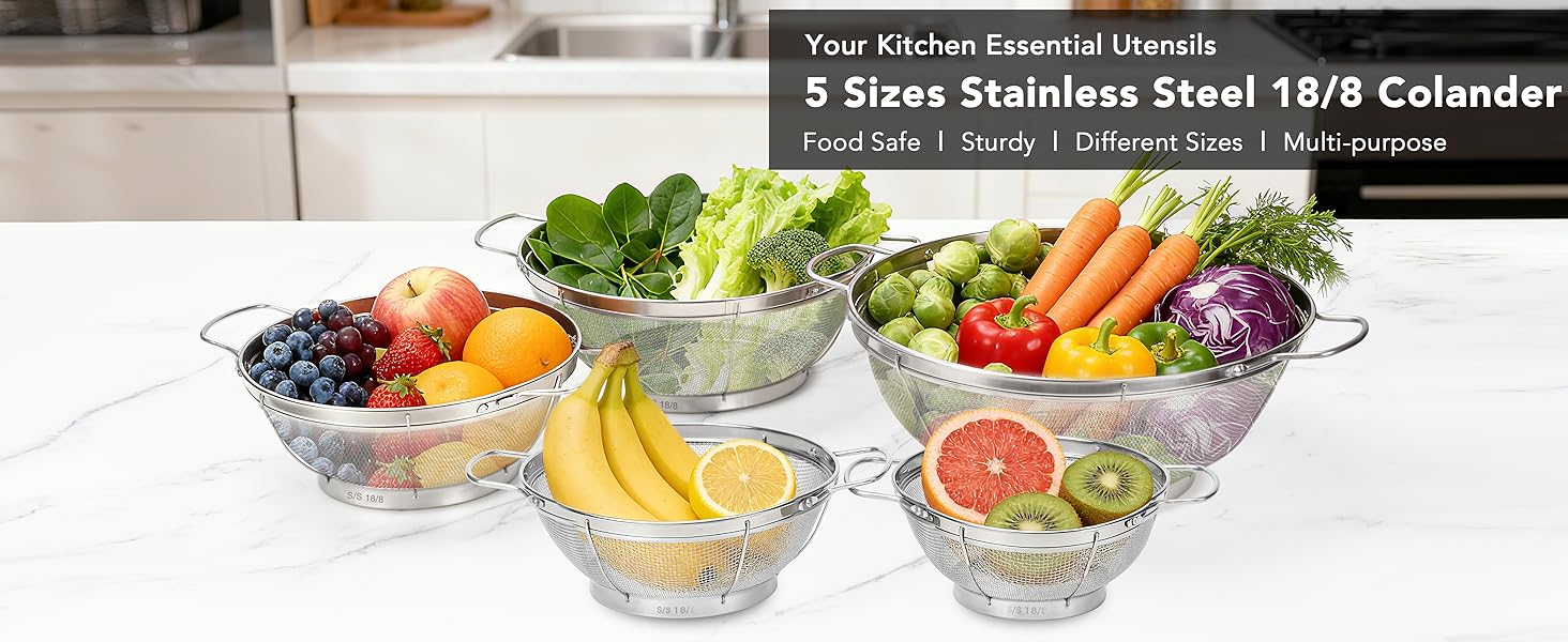 5 Pack 18/8 Stainless Steel Colander Sieves, Multi Size Mesh Strainer Net Baskets with Handles & Resting Base for Strain, Drain, Rinse or Steam