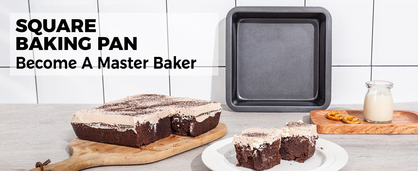 HONGBAKE 8x8 Cake Baking Pan Set, Nonstick Square Brownie Pans with Wider Grips, 2 Pieces, Heavy Duty, Grey