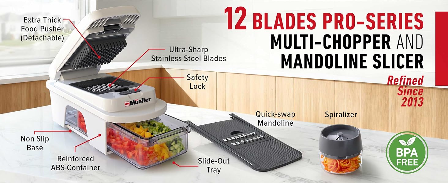 Mueller Pro-Series All-in-One, 12 Blade Mandoline Slicer for Kitchen, Food Chopper, Vegetable Slicer and Spiralizer, Cutter, Dicer, Grater, Kitchen Gadgets Sets with Container, White Sand/Gray