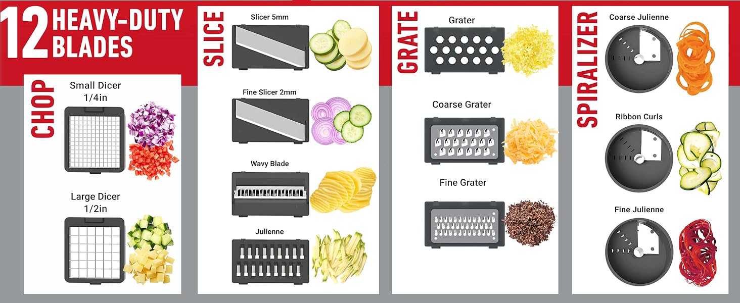 Mueller Pro-Series All-in-One, 12 Blade Mandoline Slicer for Kitchen, Food Chopper, Vegetable Slicer and Spiralizer, Cutter, Dicer, Grater, Kitchen Gadgets Sets with Container, White Sand/Gray