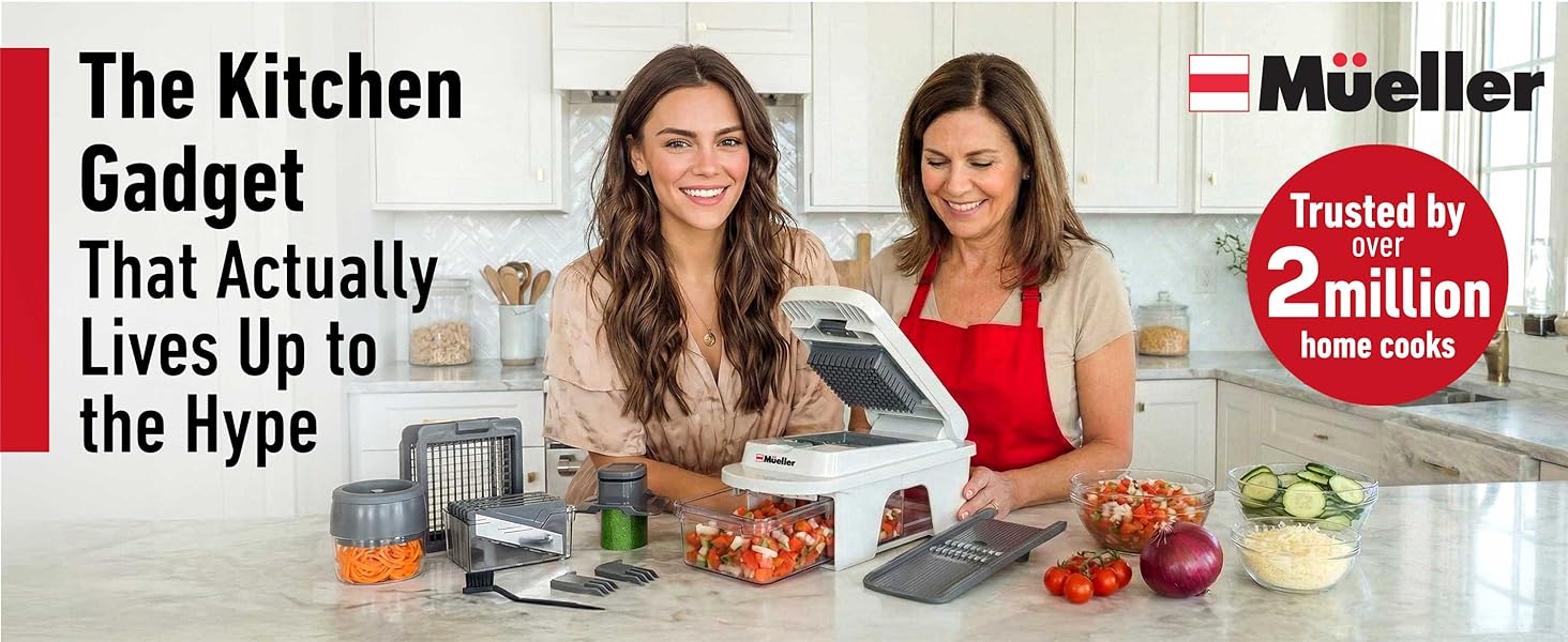 Mueller Pro-Series All-in-One, 12 Blade Mandoline Slicer for Kitchen, Food Chopper, Vegetable Slicer and Spiralizer, Cutter, Dicer, Grater, Kitchen Gadgets Sets with Container, White Sand/Gray