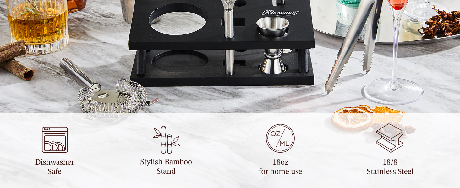 KITESSENSU Cocktail Shaker Set Bartender Kit, 6-Piece Silver Bar Set with Stand, Bar kit with Essential Bar Accessory Tools: Martini Shaker, Jigger, Strainer, Bar Spoon, Tongs, Opener
