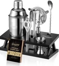 KITESSENSU Cocktail Shaker Set Bartender Kit, 6-Piece Silver Bar Set with Stand, Bar kit with Essential Bar Accessory Tools: Martini Shaker, Jigger, Strainer, Bar Spoon, Tongs, Opener