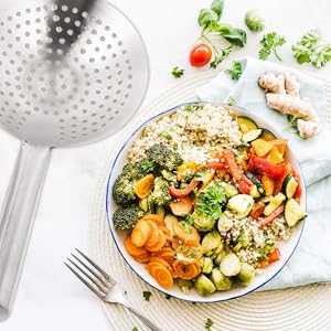 UPKOCH 16.1 Inch Stainless Steel Multi-Function Skimmer Spoon with Fine Mesh Wire for Oil Straining Pasta Draining and Frying - Kitchen Gadget for Everyday Cooking