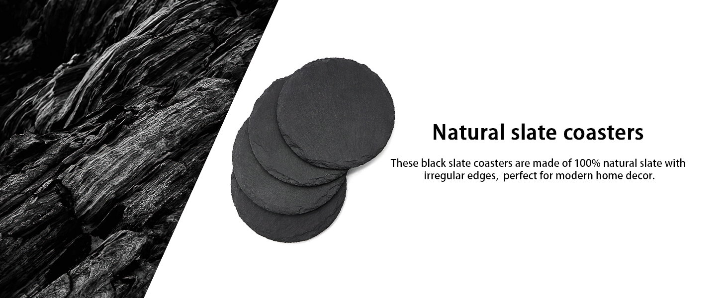 4 PCS Round Slate Drink Coasters Set, SIJDIEE 4 Inch Laser Engraving Black Slate Stone Coasters with Anti-Scratch Bottom and Coaster Holder for Office Bar Kitchen Home Dinner Table Decor Supplies