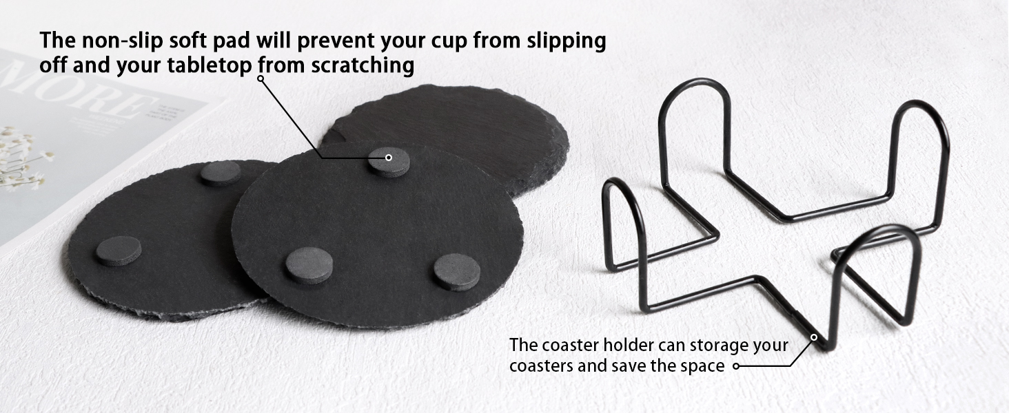 4 PCS Round Slate Drink Coasters Set, SIJDIEE 4 Inch Laser Engraving Black Slate Stone Coasters with Anti-Scratch Bottom and Coaster Holder for Office Bar Kitchen Home Dinner Table Decor Supplies