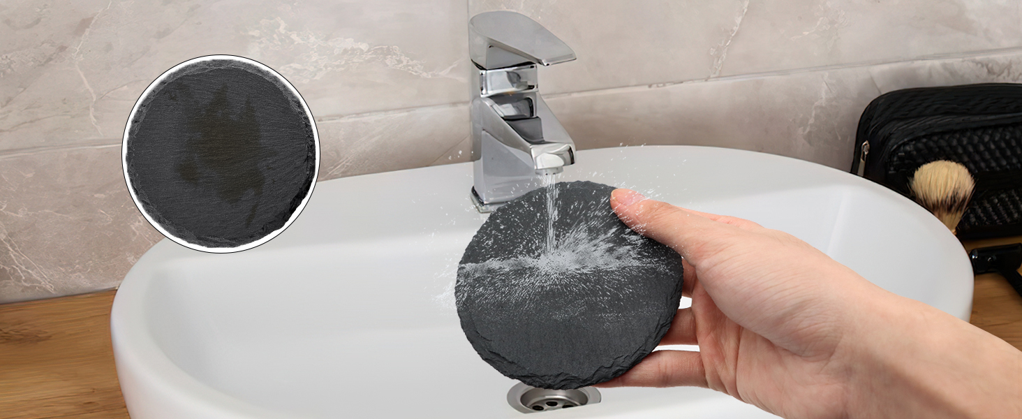 4 PCS Round Slate Drink Coasters Set, SIJDIEE 4 Inch Laser Engraving Black Slate Stone Coasters with Anti-Scratch Bottom and Coaster Holder for Office Bar Kitchen Home Dinner Table Decor Supplies