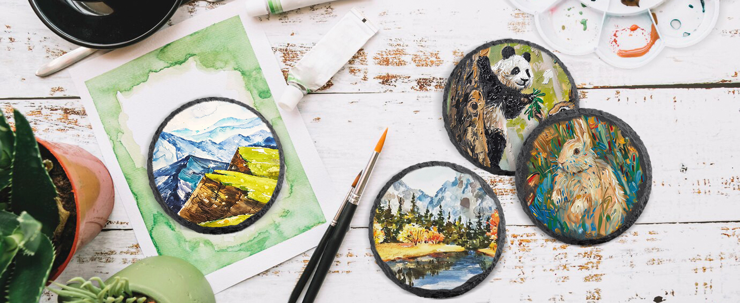 4 PCS Round Slate Drink Coasters Set, SIJDIEE 4 Inch Laser Engraving Black Slate Stone Coasters with Anti-Scratch Bottom and Coaster Holder for Office Bar Kitchen Home Dinner Table Decor Supplies