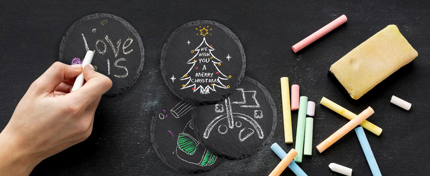4 PCS Round Slate Drink Coasters Set, SIJDIEE 4 Inch Laser Engraving Black Slate Stone Coasters with Anti-Scratch Bottom and Coaster Holder for Office Bar Kitchen Home Dinner Table Decor Supplies