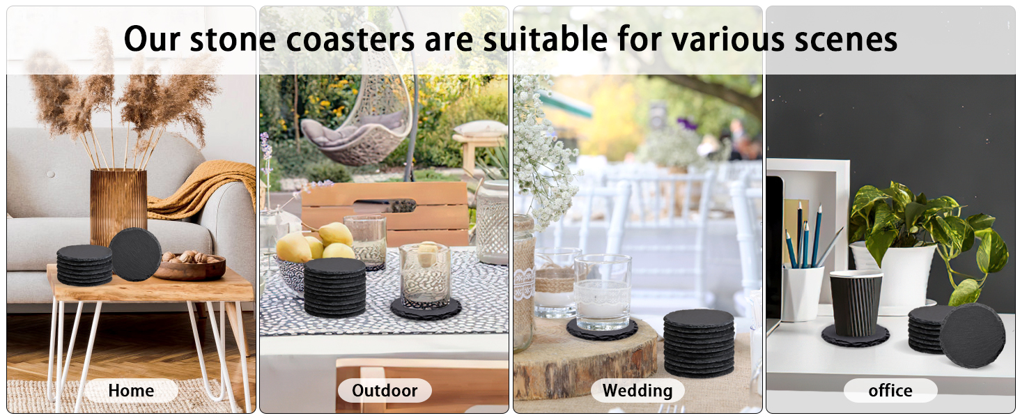 4 PCS Round Slate Drink Coasters Set, SIJDIEE 4 Inch Laser Engraving Black Slate Stone Coasters with Anti-Scratch Bottom and Coaster Holder for Office Bar Kitchen Home Dinner Table Decor Supplies