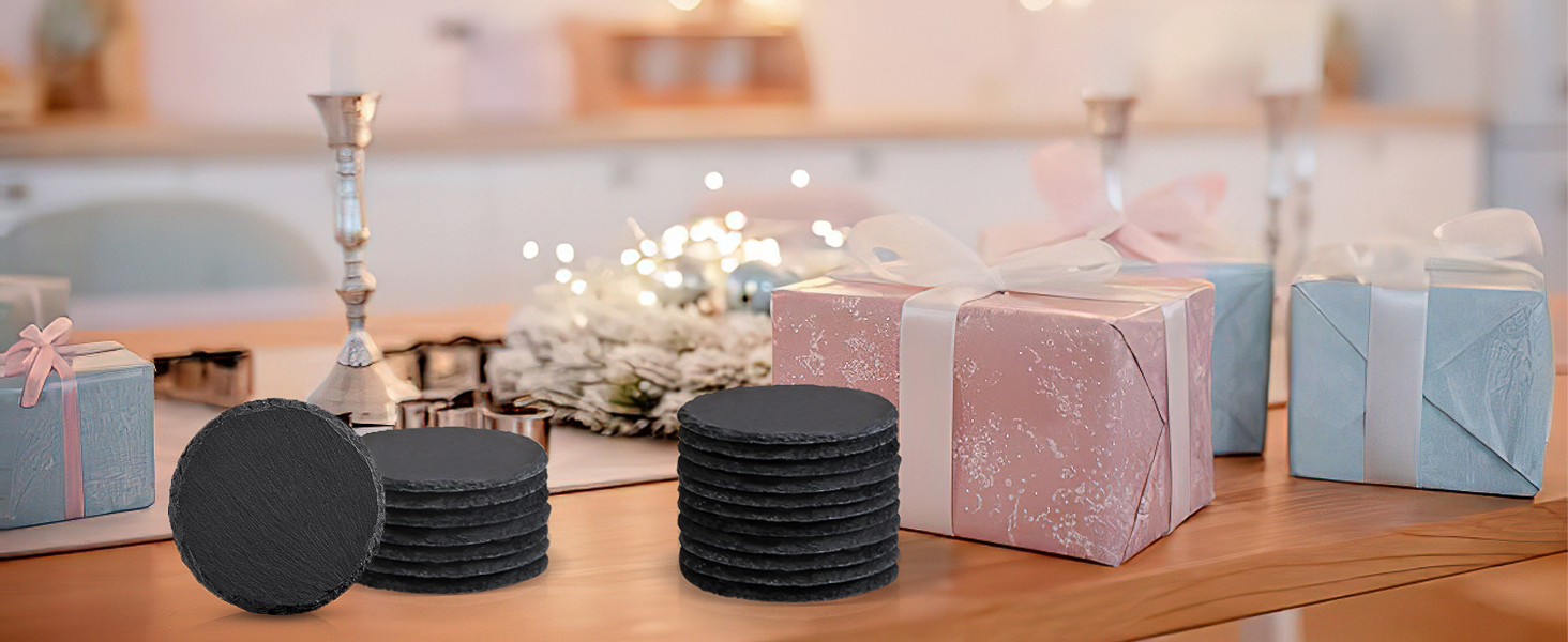 4 PCS Round Slate Drink Coasters Set, SIJDIEE 4 Inch Laser Engraving Black Slate Stone Coasters with Anti-Scratch Bottom and Coaster Holder for Office Bar Kitchen Home Dinner Table Decor Supplies