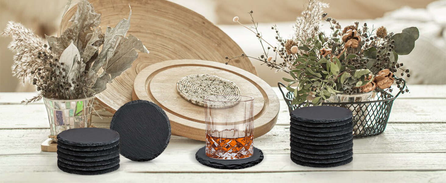 4 PCS Round Slate Drink Coasters Set, SIJDIEE 4 Inch Laser Engraving Black Slate Stone Coasters with Anti-Scratch Bottom and Coaster Holder for Office Bar Kitchen Home Dinner Table Decor Supplies