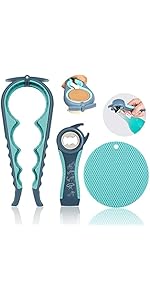 Jar Opener for Weak Hands, Seniors with Arthritis, 5 in 1 Multi Function Bottle Opener Lid Opener For Arthritic Hands with Non Slip Rubber Jar opener Gripper Pad and Corkscrew Wine Opener(BLUE)
