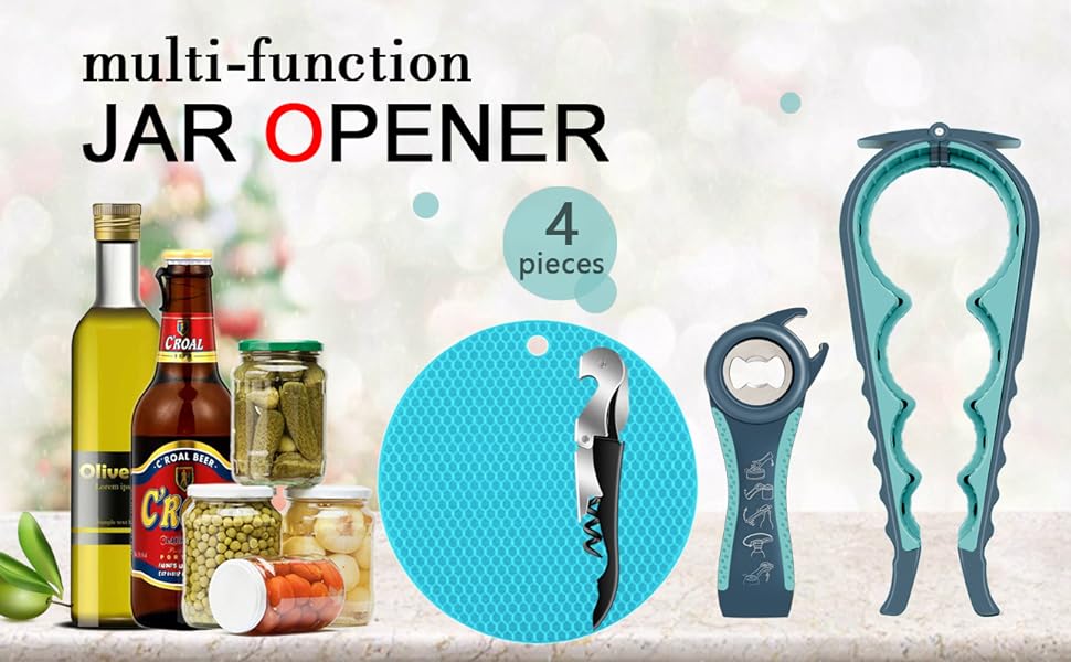 Jar Opener for Weak Hands, Seniors with Arthritis, 5 in 1 Multi Function Bottle Opener Lid Opener For Arthritic Hands with Non Slip Rubber Jar opener Gripper Pad and Corkscrew Wine Opener(BLUE)
