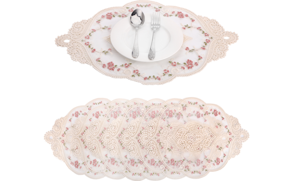 AVLA 6 Pack Lace Placemats, Retro French Style Cup Mat, Embroidered Dinning Table Place Mats, Fashionable Flower Vintage Crochet Lunchmat Doilies, Hollow Vase Mat for Home Kitchen Wedding Decoration