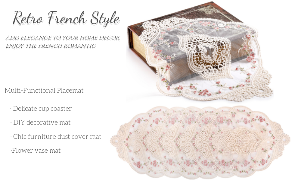 AVLA 6 Pack Lace Placemats, Retro French Style Cup Mat, Embroidered Dinning Table Place Mats, Fashionable Flower Vintage Crochet Lunchmat Doilies, Hollow Vase Mat for Home Kitchen Wedding Decoration