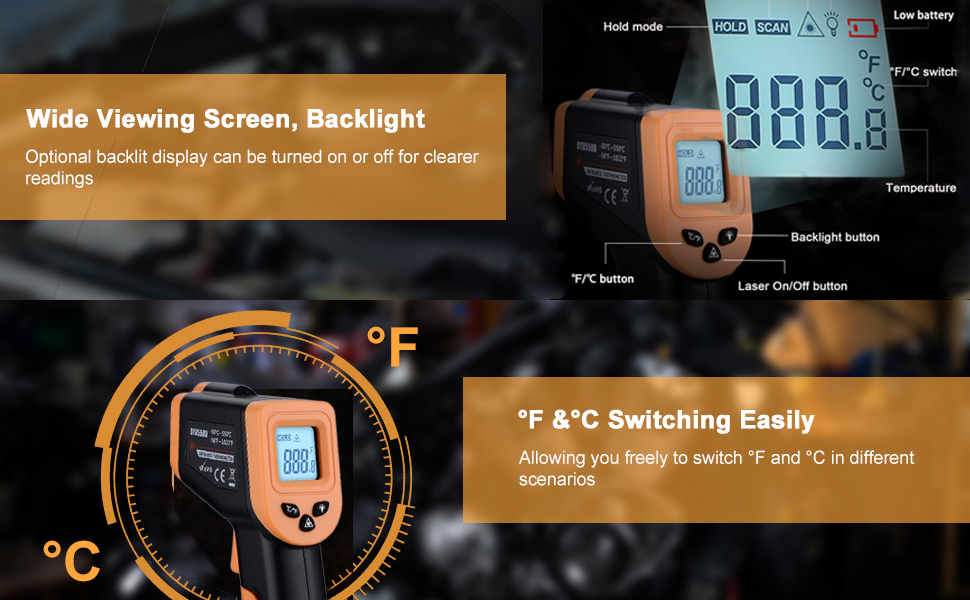 Infrared Thermometer Gun for Cooking, OnniOne Laser Thermometer Gun for Blackstone Pizza Oven, -58℉~1022℉ Non Contact Temperature Gun with Carrying Storage Case, LCD Backlit (NOT for Human)