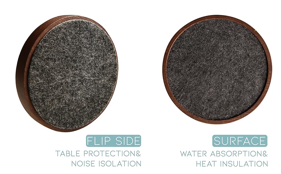 Wood Coaster for Drinks, 4.3 Inch, Set of 6, Absorbent and Insulation Felt Stackable Cup Holders, Coasters for Wooden Table, Designed by S1EGAN