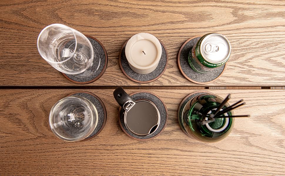 Wood Coaster for Drinks, 4.3 Inch, Set of 6, Absorbent and Insulation Felt Stackable Cup Holders, Coasters for Wooden Table, Designed by S1EGAN