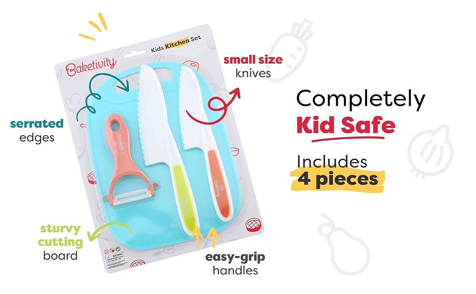 Baketivity Kid Safe Plastic Knives for Real Cooking with Cutting Board, Peeler for Kitchen - Knife Set with Blunt Tip, Dishwasher Safe, BPA Free Kids Knives for Cutting