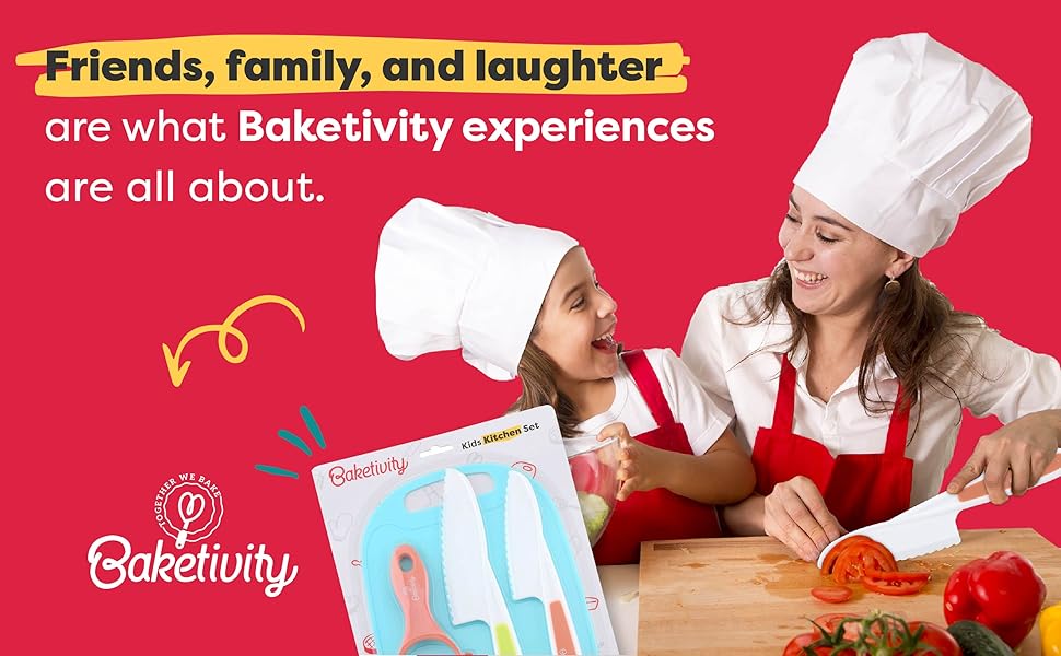 Baketivity Kid Safe Plastic Knives for Real Cooking with Cutting Board, Peeler for Kitchen - Knife Set with Blunt Tip, Dishwasher Safe, BPA Free Kids Knives for Cutting