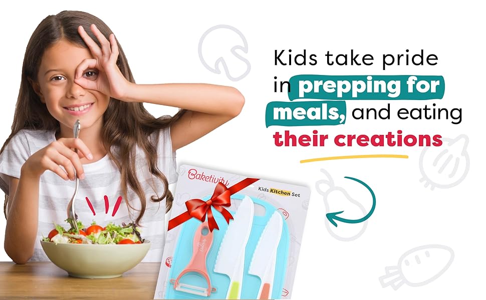 Baketivity Kid Safe Plastic Knives for Real Cooking with Cutting Board, Peeler for Kitchen - Knife Set with Blunt Tip, Dishwasher Safe, BPA Free Kids Knives for Cutting
