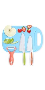 Baketivity Kid Safe Plastic Knives for Real Cooking with Cutting Board, Peeler for Kitchen - Knife Set with Blunt Tip, Dishwasher Safe, BPA Free Kids Knives for Cutting