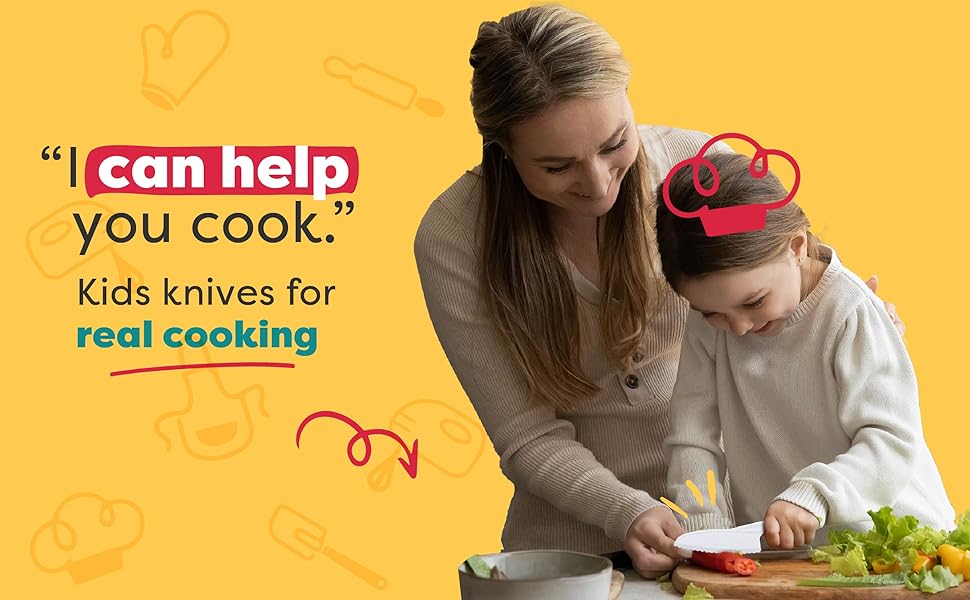 Baketivity Kid Safe Plastic Knives for Real Cooking with Cutting Board, Peeler for Kitchen - Knife Set with Blunt Tip, Dishwasher Safe, BPA Free Kids Knives for Cutting