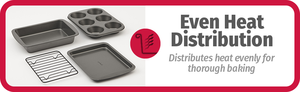 GoodCook 4-Piece Nonstick Steel Toaster Oven Set with Sheet Pan, Rack, Cake Pan, and Muffin Pan, Gray, 4-Piece Set Distributes Heat Evenly, Nonstick Coating, Dishwasher-Safe