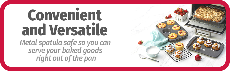 GoodCook 4-Piece Nonstick Steel Toaster Oven Set with Sheet Pan, Rack, Cake Pan, and Muffin Pan, Gray, 4-Piece Set Distributes Heat Evenly, Nonstick Coating, Dishwasher-Safe