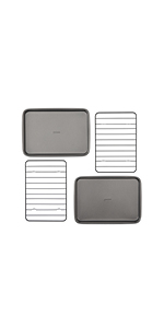 GoodCook 4-Piece Nonstick Steel Toaster Oven Set with Sheet Pan, Rack, Cake Pan, and Muffin Pan, Gray, 4-Piece Set Distributes Heat Evenly, Nonstick Coating, Dishwasher-Safe