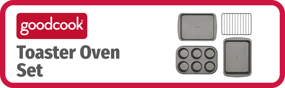 GoodCook 4-Piece Nonstick Steel Toaster Oven Set with Sheet Pan, Rack, Cake Pan, and Muffin Pan, Gray, 4-Piece Set Distributes Heat Evenly, Nonstick Coating, Dishwasher-Safe