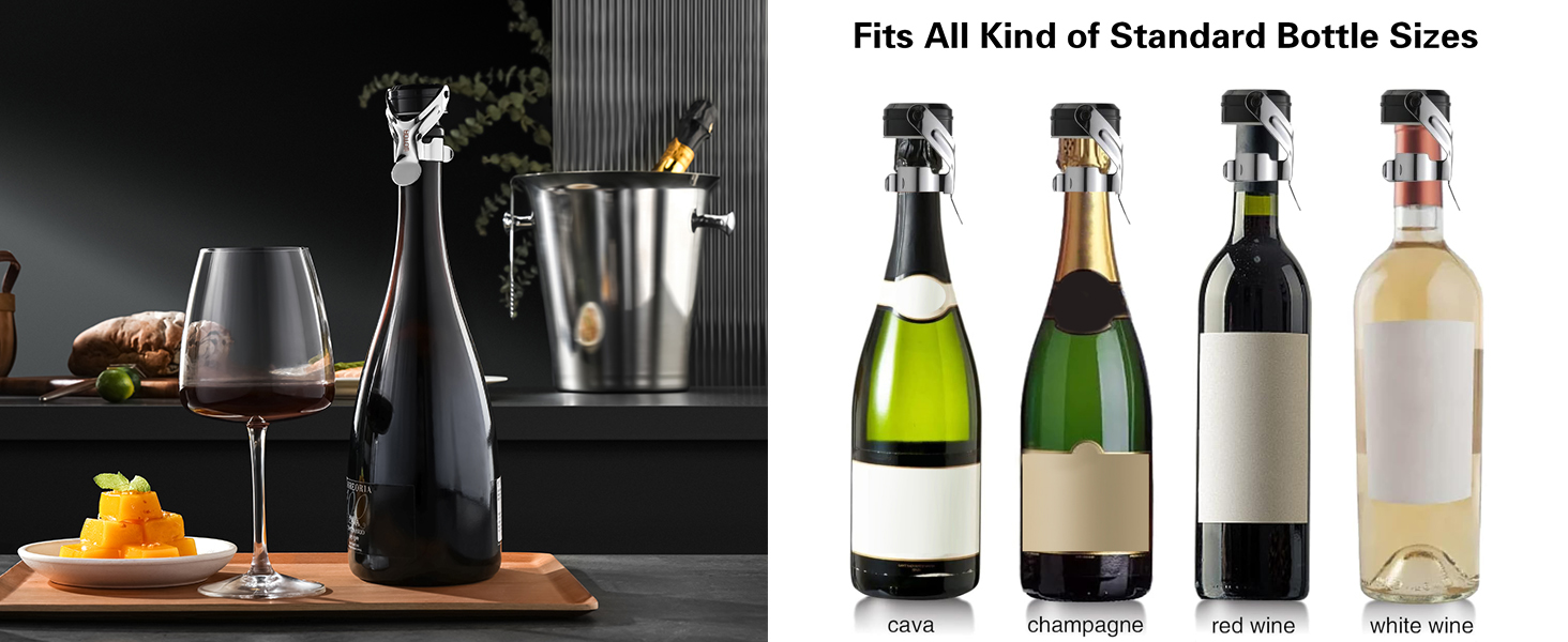 WOTOR Champagne&Wine Bottle Stoppers Stainless Steel with Food Grade Silicone, Leak Proof Keep Fresh Reusable Saver, Cork Suitable for Wine, Champagne, Cava, Prosecco and Sparkling (6 Pack Silver）
