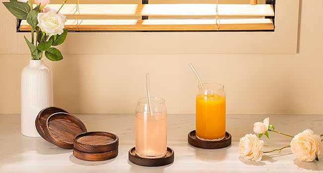 Wooden Coasters for Drinks - Natural Wood Drink Coaster Set for Drinking Glasses, Tabletop Protection for Any Table Type, Set of 4-4.3 Inches (No Holder)