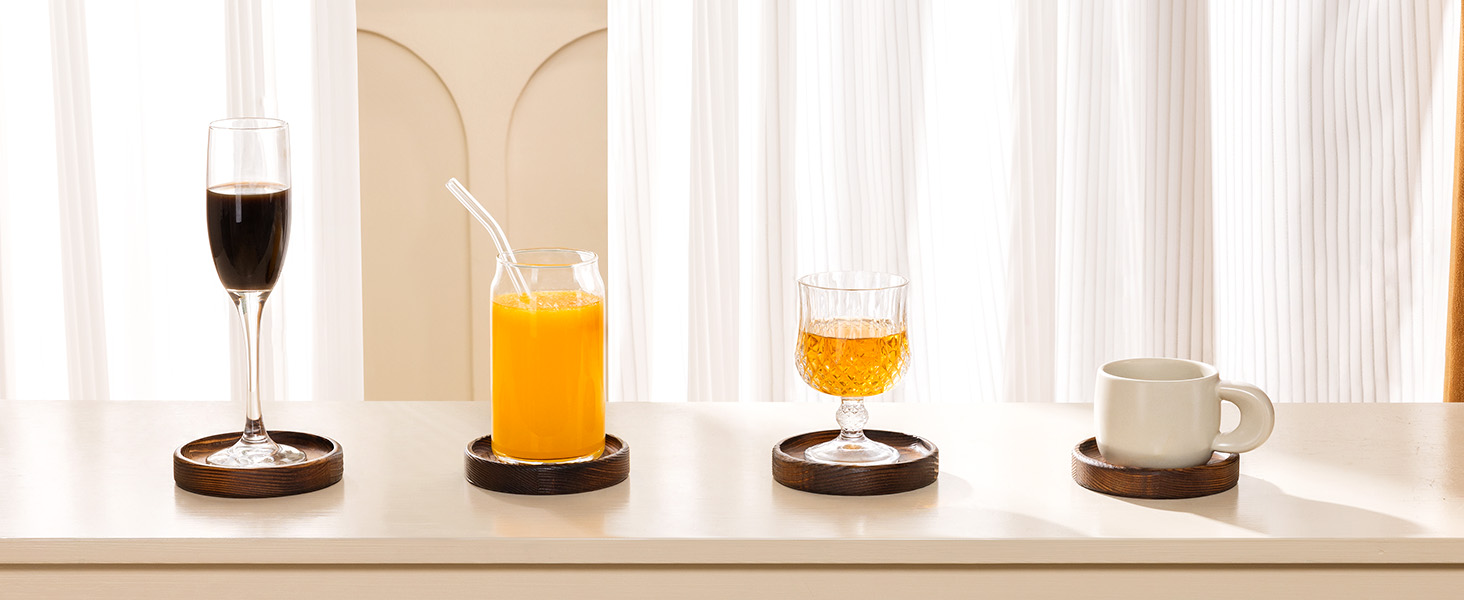 Wooden Coasters for Drinks - Natural Wood Drink Coaster Set for Drinking Glasses, Tabletop Protection for Any Table Type, Set of 4-4.3 Inches (No Holder)