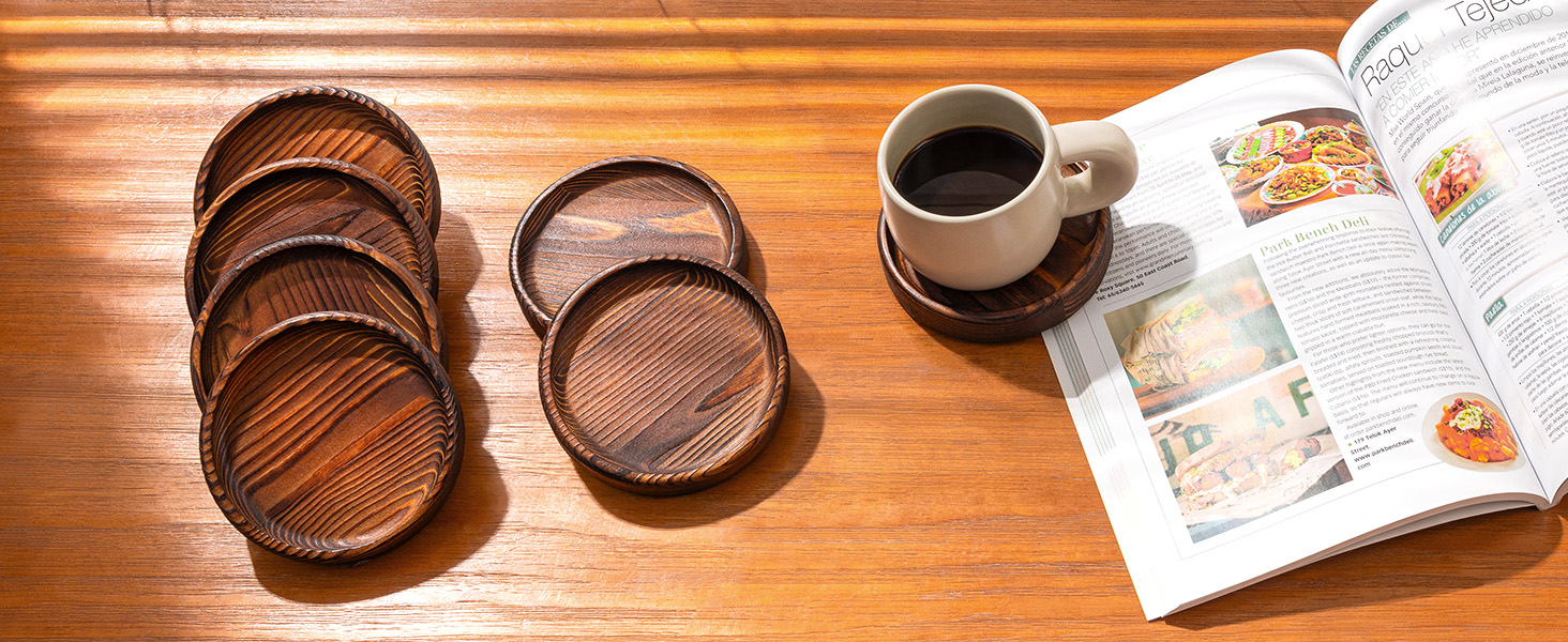 Wooden Coasters for Drinks - Natural Wood Drink Coaster Set for Drinking Glasses, Tabletop Protection for Any Table Type, Set of 4-4.3 Inches (No Holder)