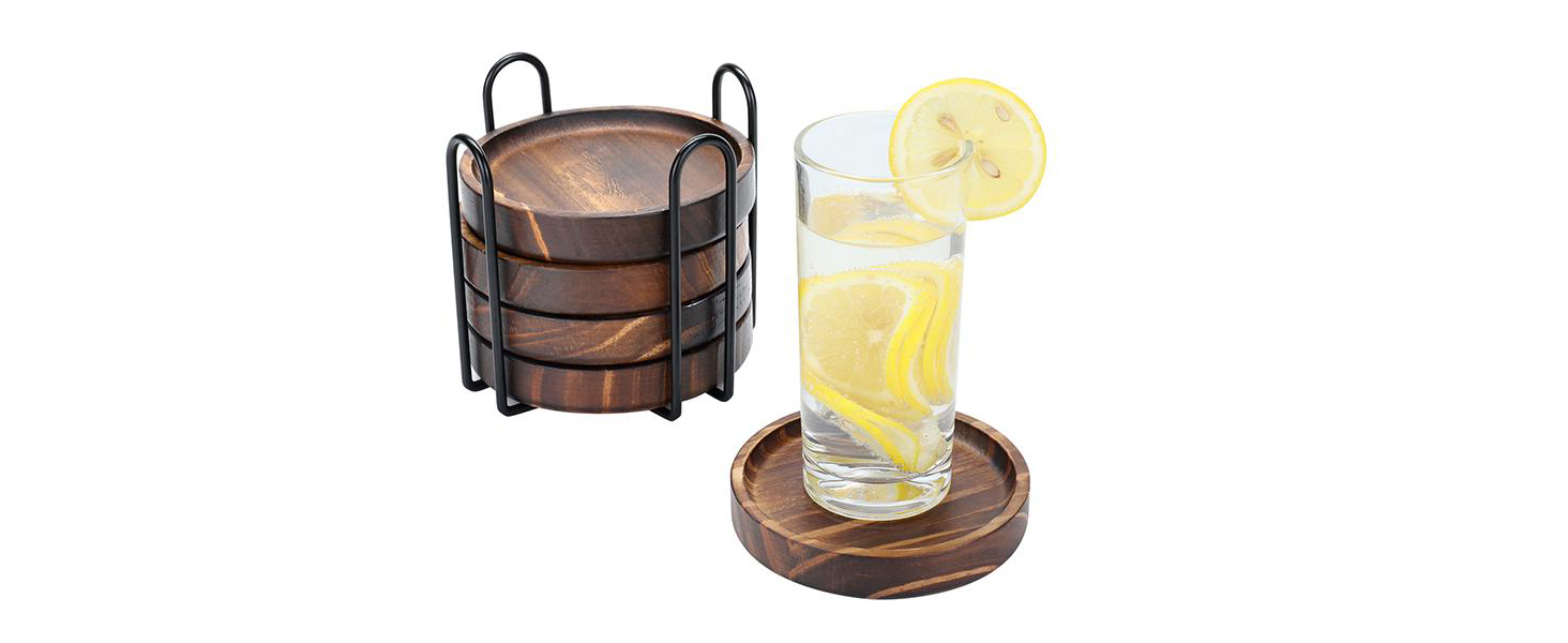 Wooden Coasters for Drinks - Natural Wood Drink Coaster Set for Drinking Glasses, Tabletop Protection for Any Table Type, Set of 4-4.3 Inches (No Holder)