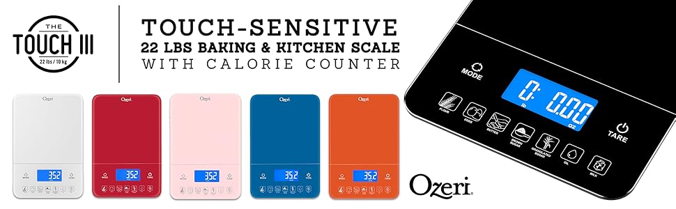 Ozeri Touch III 22 lbs (10 kg) Baking Kitchen Scale with Calorie Counter, in Tempered Glass