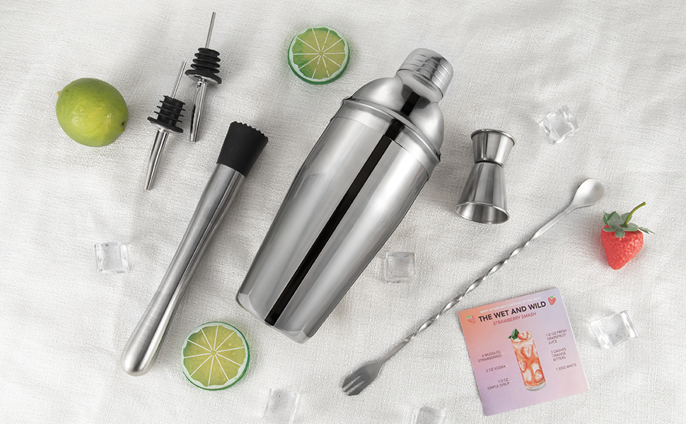 Cocktail Shaker Set, 6-Piece 18/8 Food-Grade Stainless Steel Mixology Bartender Kit - Premium Bar Tools with Muddler, Jigger, Spoon & Pourers - Rust-Proof, Leak-Proof & Dishwasher Safe Gift for Men