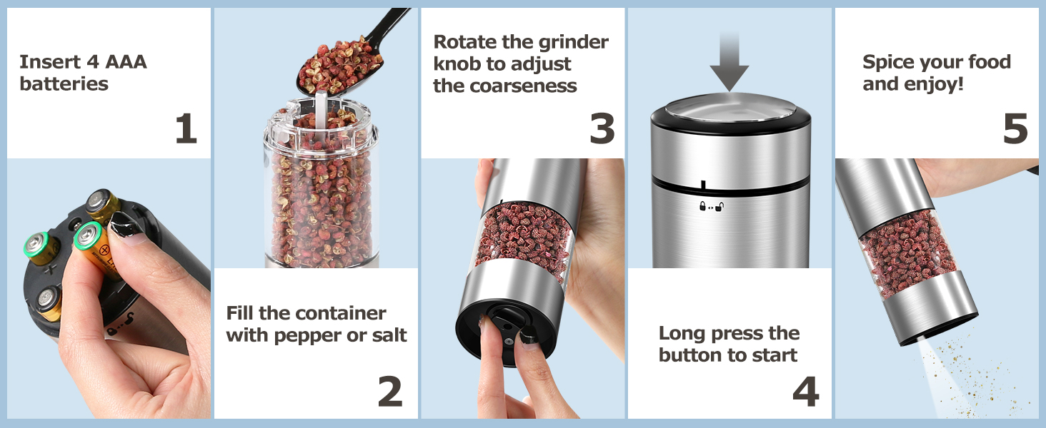 innhom Electric Salt Grinder Pepper Grinder Battery Operated Stainless Steel Pepper Mill Automatic Salt and Pepper Grinder with Adjustable Coarseness, 1 Pack