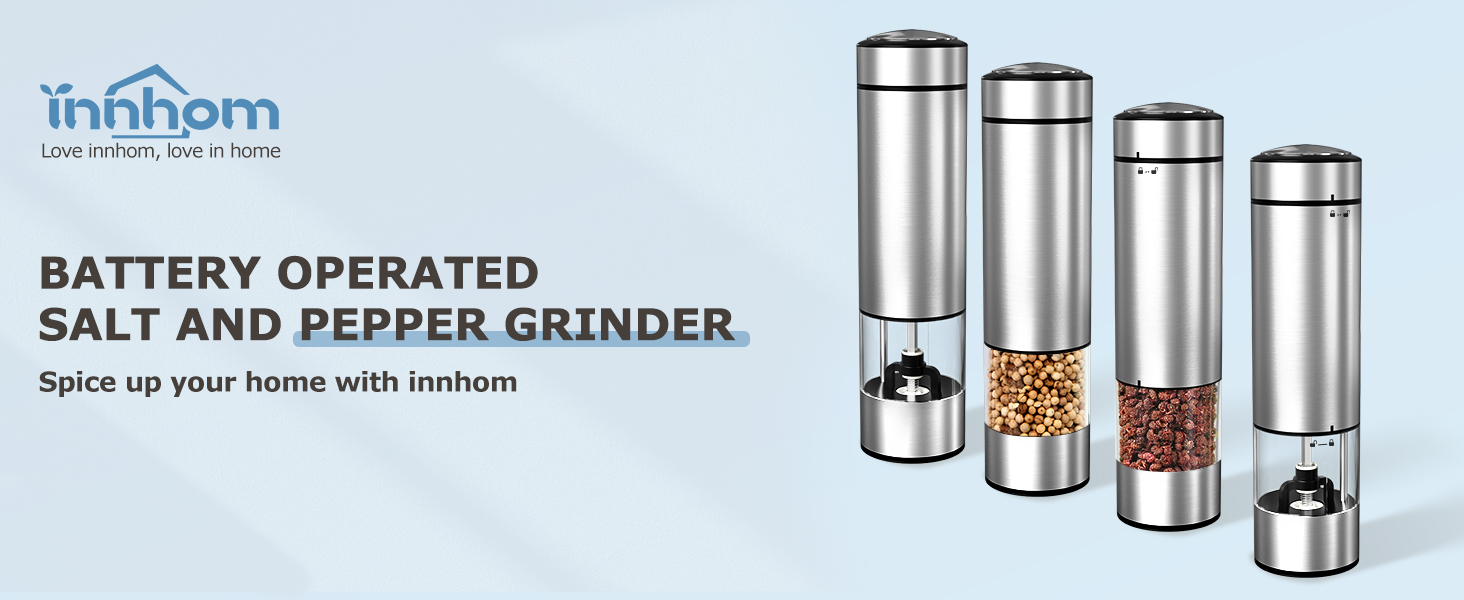 innhom Electric Salt Grinder Pepper Grinder Battery Operated Stainless Steel Pepper Mill Automatic Salt and Pepper Grinder with Adjustable Coarseness, 1 Pack
