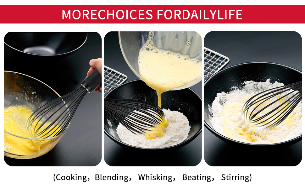 TEEVEA Silicone Whisk Stainless Steel Heat Resistant Non Scratch Kitchen Cooking Utensil for Blending Whisking Beating Frothing Stirring 11 Inch Black