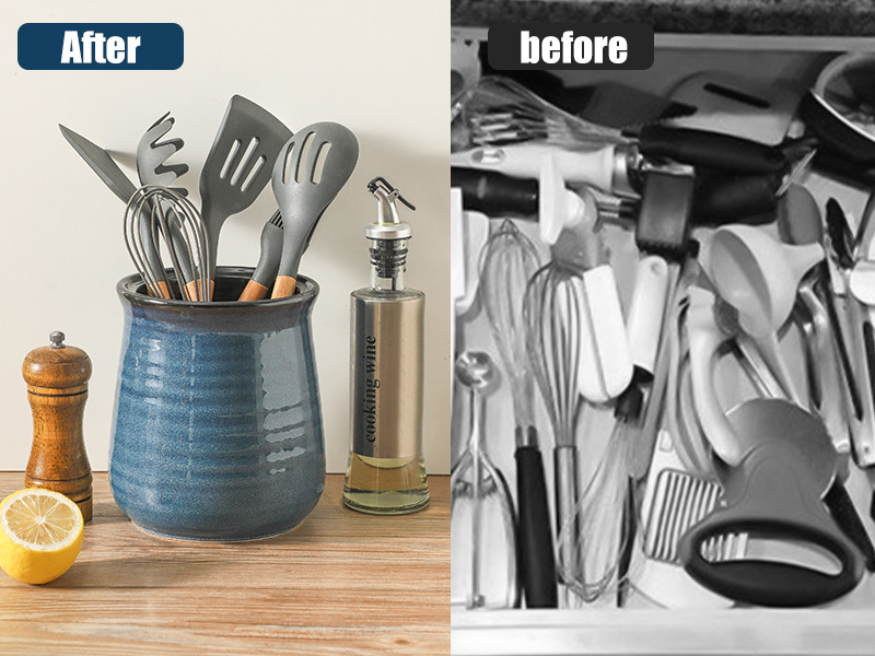 HASENSE Utensil Holder for Kitchen Counter 7.1” Cooking Utensil Crock for Countertop, Blue Ceramic Stable Utensil Organizer Caddy with Reactive Glaze for Spatula and Spoon, Dishwasher Safe