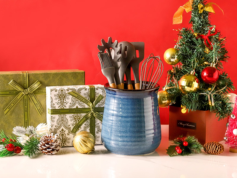 HASENSE Utensil Holder for Kitchen Counter 7.1” Cooking Utensil Crock for Countertop, Blue Ceramic Stable Utensil Organizer Caddy with Reactive Glaze for Spatula and Spoon, Dishwasher Safe