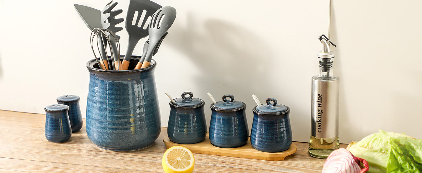 HASENSE Utensil Holder for Kitchen Counter 7.1” Cooking Utensil Crock for Countertop, Blue Ceramic Stable Utensil Organizer Caddy with Reactive Glaze for Spatula and Spoon, Dishwasher Safe