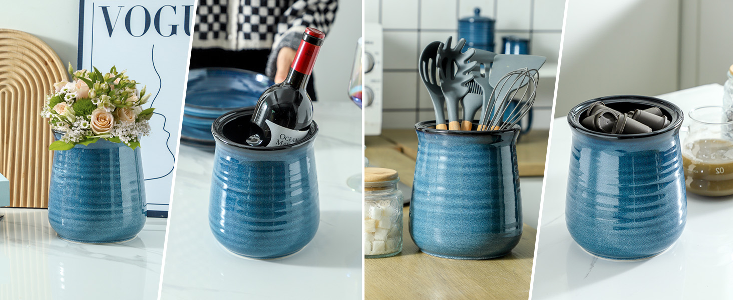 HASENSE Utensil Holder for Kitchen Counter 7.1” Cooking Utensil Crock for Countertop, Blue Ceramic Stable Utensil Organizer Caddy with Reactive Glaze for Spatula and Spoon, Dishwasher Safe